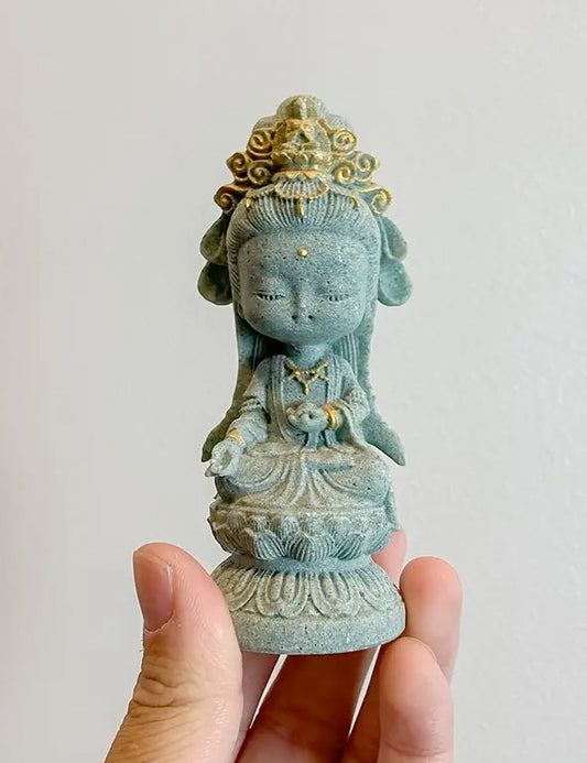 Statua resina grigia e foglia oro - Quan Yin